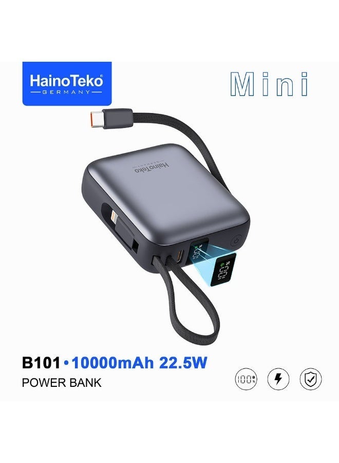 Haino Teko B101 Mini 10000mAh Power Bank | 22.5W Fast Charging with Built-in Type-C & Lightning Cables | Compact, Lightweight & Travel-Friendly Portable Charger – Black - Image 1