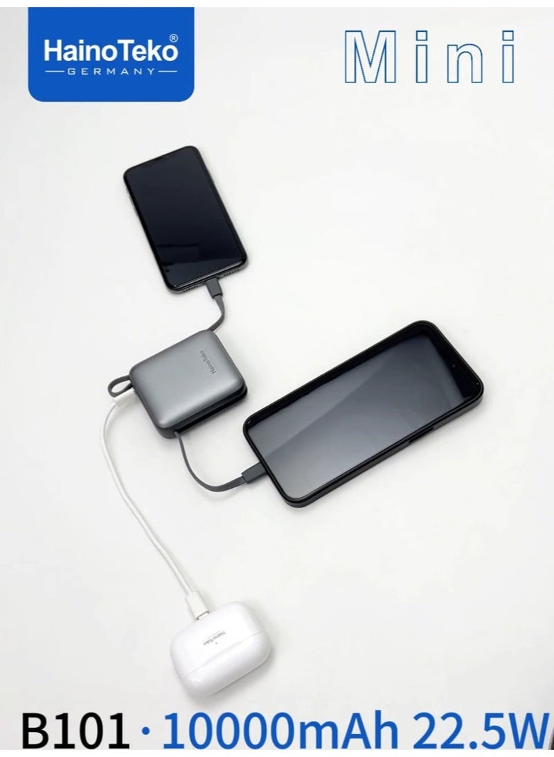 Haino Teko B101 Mini 10000mAh Power Bank | 22.5W Fast Charging with Built-in Type-C & Lightning Cables | Compact, Lightweight & Travel-Friendly Portable Charger – Black - Image 4