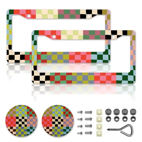 DGDRHZ Checkered License Plate Frames，Checkered Car Accessories for Women，Cute License Plate Holder，Aluminum License Plate Frame Fits Standard US Vehicles Size 12.2 x 6 Inch (Multicolor-2pcs) - Image 1