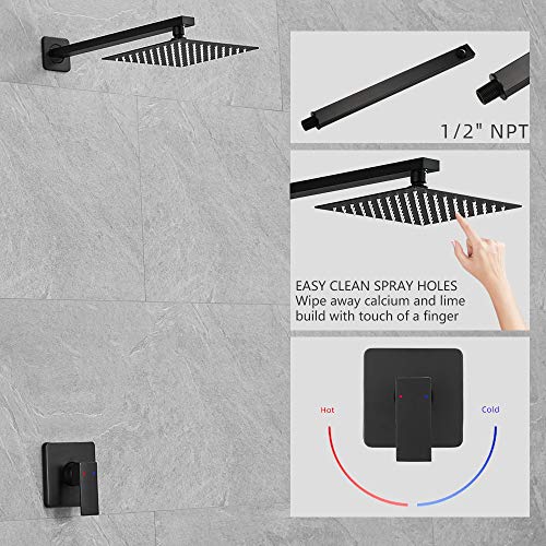 Heable Matte Black Shower Faucet Set, Single Function Shower Trim Kit with Rough-in Valve, Square Rain Shower Head System Included Extra Long Shower Arm for Bathroom - Image 2