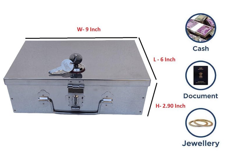 GvanyS Stainless Steel Storage Boxes Cash Peti Pooja PetiOrganizer Vanity BoxSafe Locker Box 9 Inch Storage Box With Pre fited Lock And 2 key - Image 4