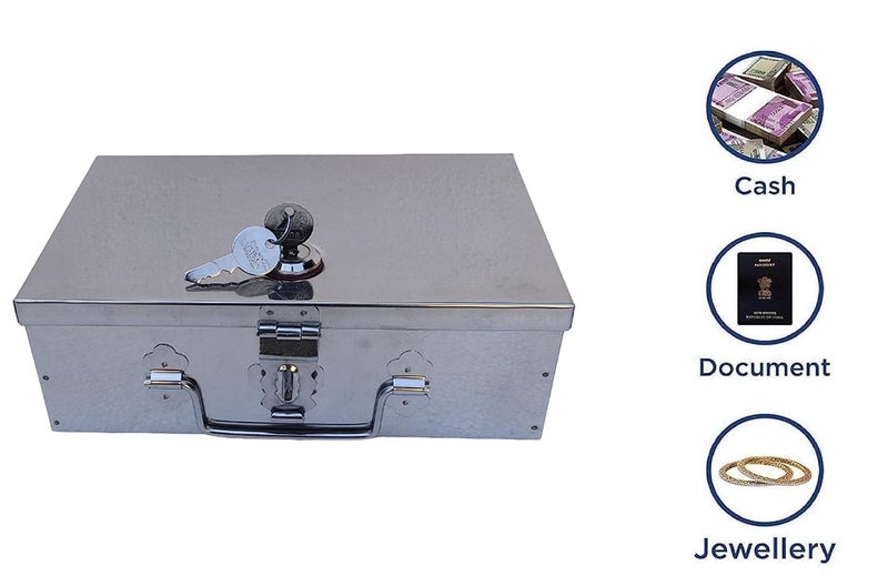 GvanyS Stainless Steel Storage Boxes Cash Peti Pooja PetiOrganizer Vanity BoxSafe Locker Box 9 Inch Storage Box With Pre fited Lock And 2 key - Image 2