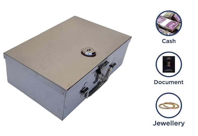 GvanyS Stainless Steel Storage Boxes Cash Peti Pooja PetiOrganizer Vanity BoxSafe Locker Box 9 Inch Storage Box With Pre fited Lock And 2 key - Image 3