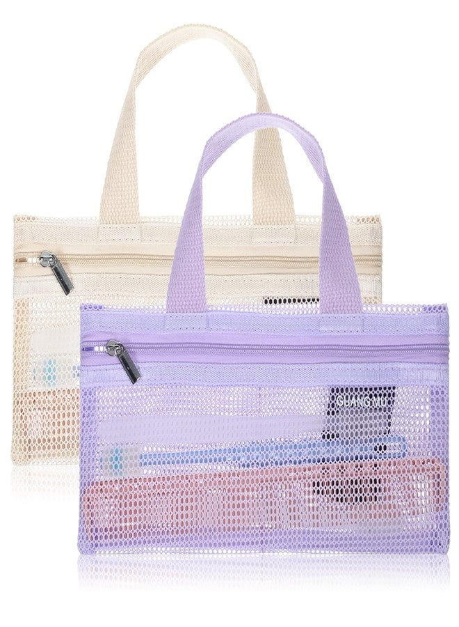 Eldraqth 2 Pcs Toothbrush Bag, Mesh Travel Bags Toothbrush Pouch Small Toiletry Pouch Mesh Travel Organizer Bags Portable Makeup Bag Square Storage Holder with Zipper for Men and Women (White, Purple) - Image 1