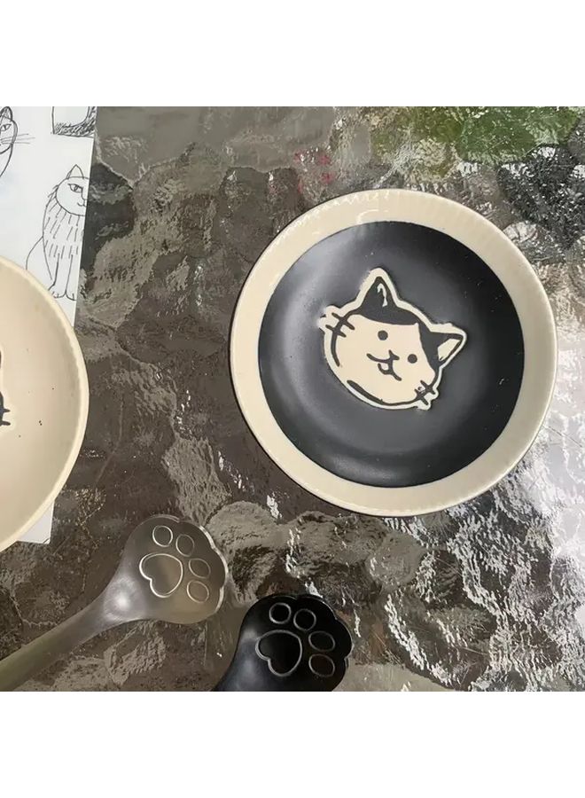 Black 2pcs Rustic Ceramic Kitten Print Spoon Holder With Cat Paw Sauce Dish - Image 4
