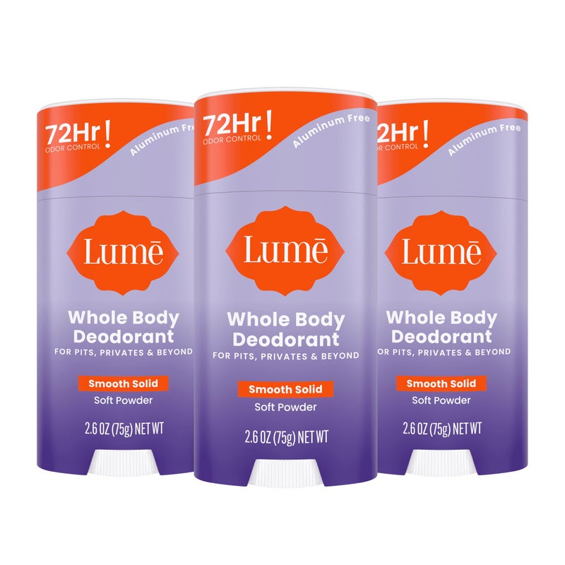 Lume Whole Body Deodorant  Smooth Solid Stick  72 Hour Odor Control  Aluminum Free Baking Soda Free and Skin Loving  26 Ounce Pack of 3 Soft Powder