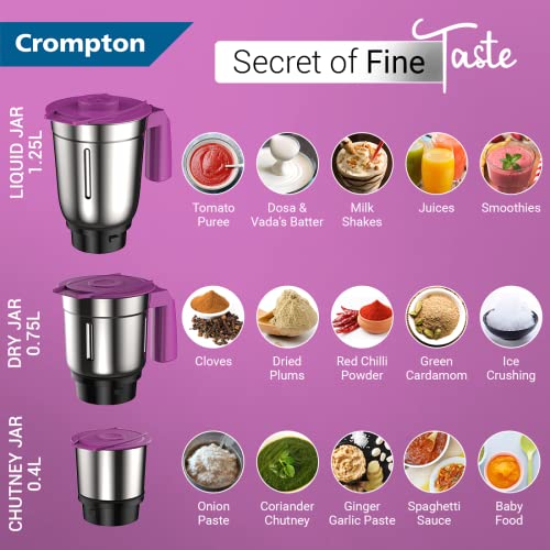 Crompton QUESTA DLX Mixer Grinder 100% Copper Motor & Motor Vent-X Technology (3 Stainless Steel Jars, Lavender) - Image 5