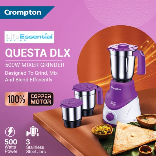 Crompton QUESTA DLX Mixer Grinder 100% Copper Motor & Motor Vent-X Technology (3 Stainless Steel Jars, Lavender) - Image 2
