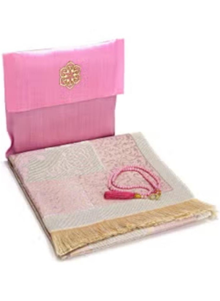 Muslim Prayer Rug and Beads with Elegant Slub Fabric Bag | Janamaz | Sajadah | Soft Islamic Prayer Rug | Islamic Gifts | Prayer Carpet Mat, Taffeta Fabric, Pink - Image 1