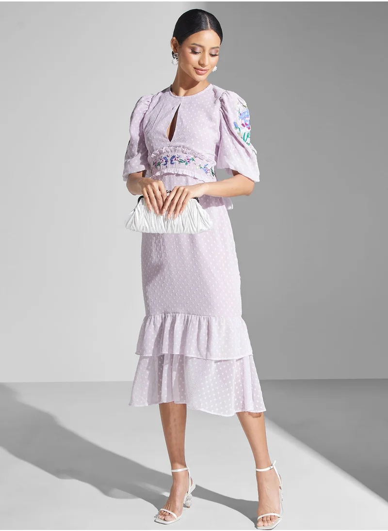 Hope & Ivy Embroidered Ruffled Mesh Dress
