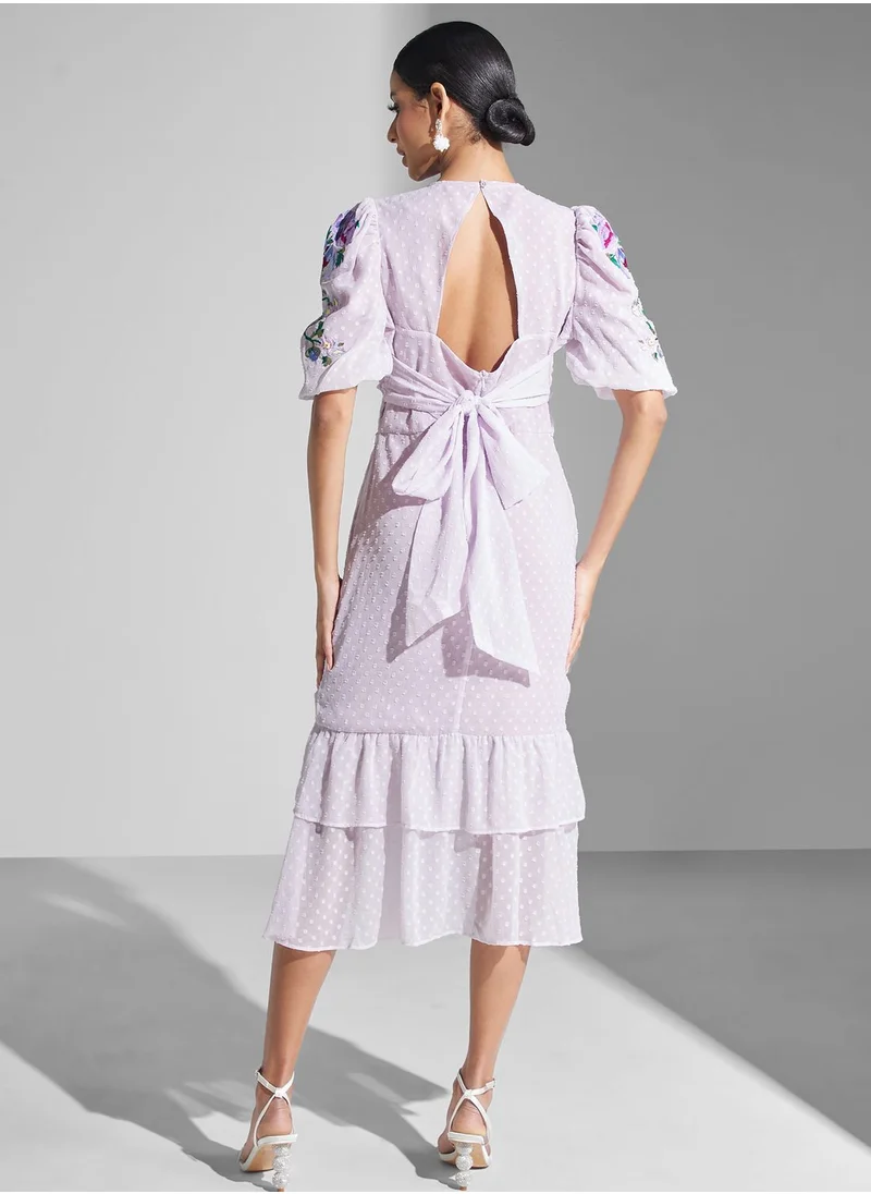 Hope & Ivy Embroidered Ruffled Mesh Dress