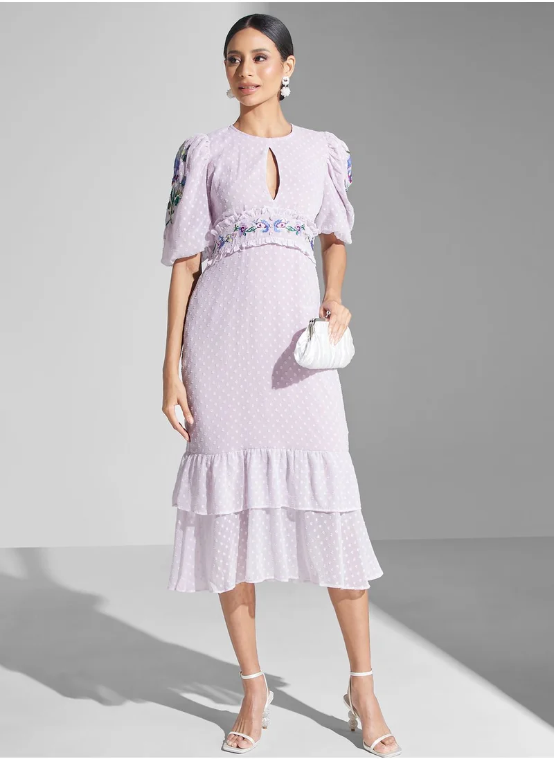 Hope & Ivy Embroidered Ruffled Mesh Dress
