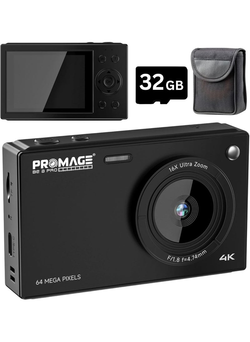 PROMAGE 4K Digital Camera, 64MP HD Vlogging Camera 16X Digital Zoom, WiFi Digital Camera with 2.8-inch HD TFT Display (Black) - Image 1