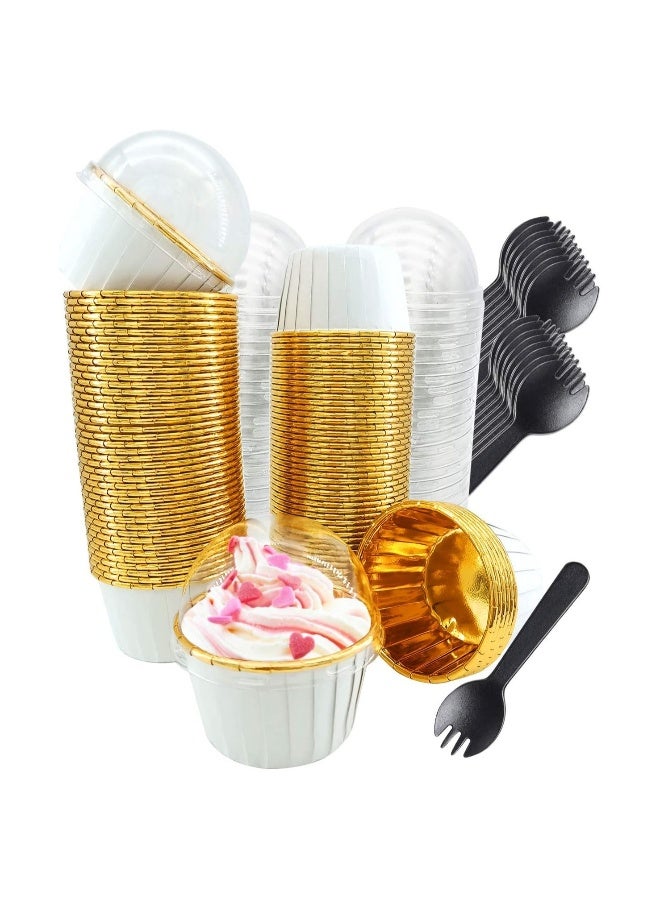 Cupcake Liners with Dome Lids 50Pack,Free-Air 3.5Oz Mini Foil Baking Cups Muffin Liners,Disposable Ramekins Cupcake Tins Cupcake Wrappers for Wedding Birthday Party,with Spoons-White in gold - Image 1