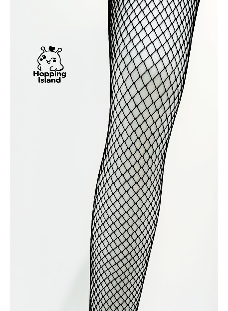 Hopping Island HI Floral Mid-Grid Fishnet Tights Black - Image 5
