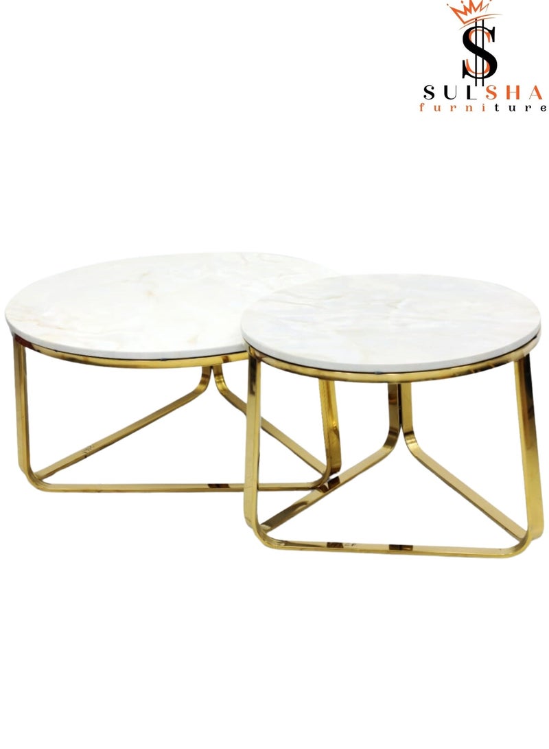 SULSHA Latest Design Modern Gold Metal Round Coffee Table White Stone Top Metal Tea Table Living Room Luxury Marble Center Table - Image 1