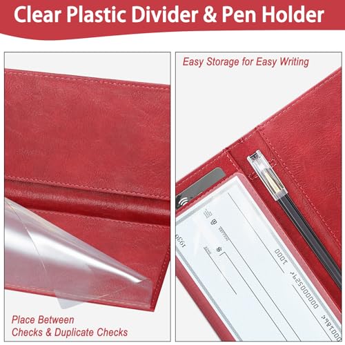 LLi Cufite Leather Checkbook Cover for Top & Side Tear Registers Duplicate Checks with Plastic Insert Flap Card Holder Pen Hoop Slim Wallet for Men Women - Image 4