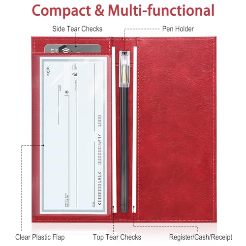 LLi Cufite Leather Checkbook Cover for Top & Side Tear Registers Duplicate Checks with Plastic Insert Flap Card Holder Pen Hoop Slim Wallet for Men Women - Image 2