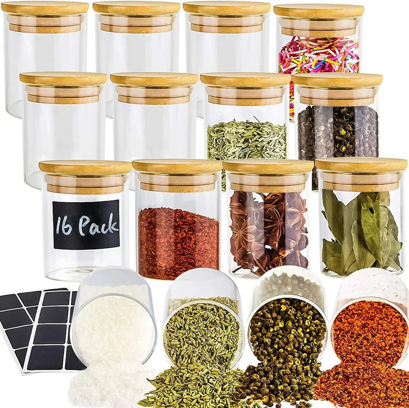 QUESERA 16 Pack Glass Jars with Lids, Airtight Bamboo Lids Spice Jars Set For Spice, Coffee, Beans, Candy, Nuts, Herbs, Dry Food Canisters (Extra Labels) - 6.5 oz Clear (16)