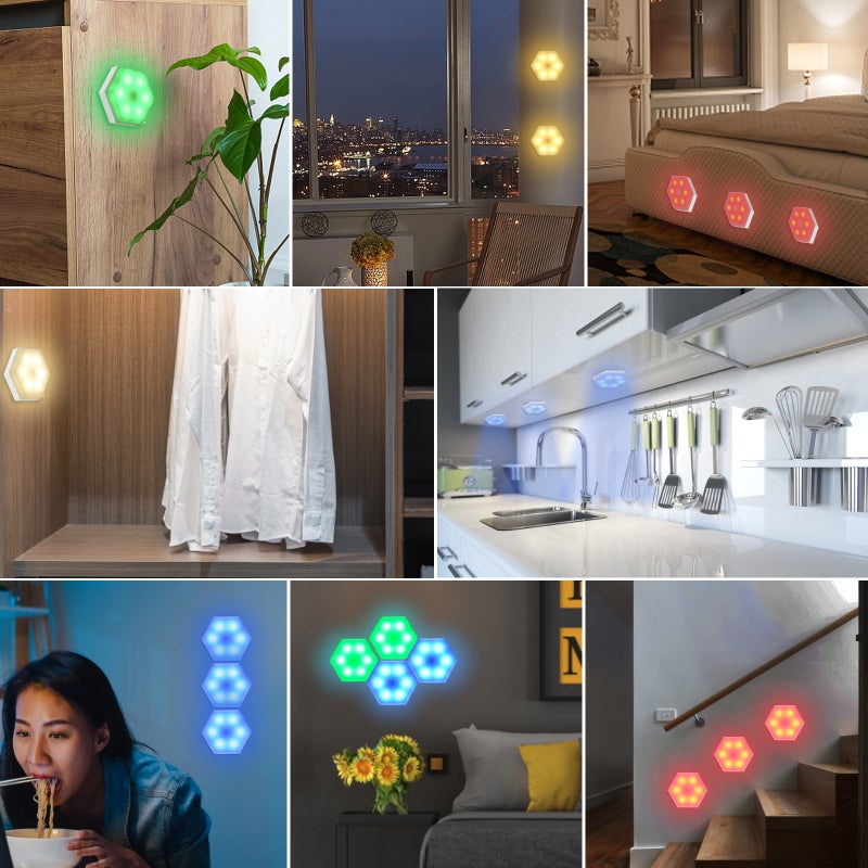 Neoglint 6PCS RGB Cabinet Light LED Color Changing Hexagon DIY Wall Lamp Touch Switch Remote Control Dimmable with Timing Under Cabinet Lights Stick-On Night Lights - Image 3
