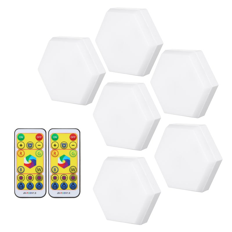 Neoglint 6PCS RGB Cabinet Light LED Color Changing Hexagon DIY Wall Lamp Touch Switch Remote Control Dimmable with Timing Under Cabinet Lights Stick-On Night Lights - Image 1