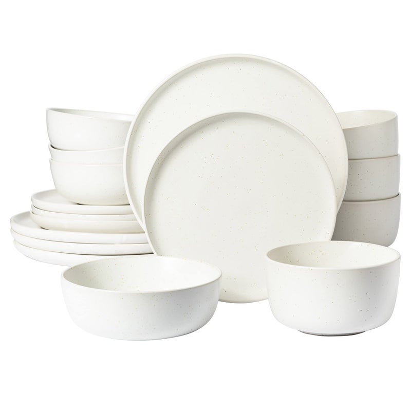 Gibson Elite James Street Stoneware Matte Reactive Double Bowl Dinnerware Set  Sea Salt White Service for 4 16pcs