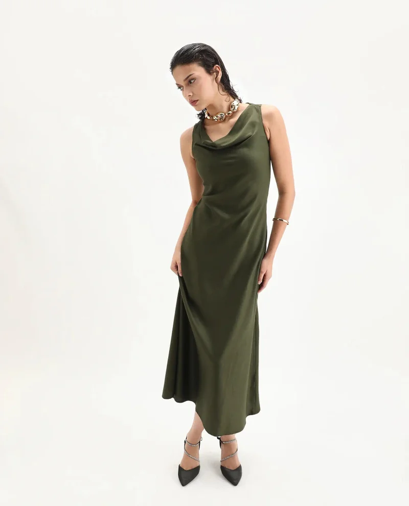 Rareism Women's Solid Maxi Cowl Dress
