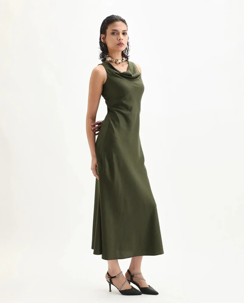 Rareism Women's Solid Maxi Cowl Dress