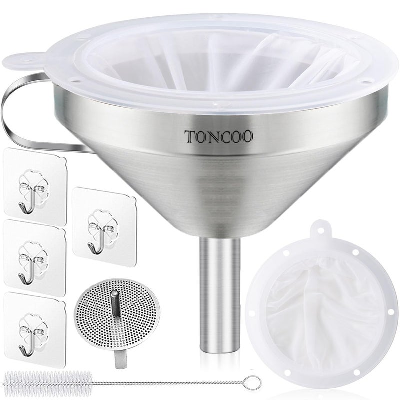 Toncoo 5 Inch Stainless Steel Funnel with Strainer and 200 Fine Mesh Filter, Food Grade Metal Funnel, Cooking Oil Filter, Oil Strainer for Deep Fryer, Milk Strainer, Funnels for Kitchen Use Filling Bottles - Image 1