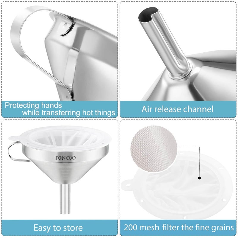 Toncoo 5 Inch Stainless Steel Funnel with Strainer and 200 Fine Mesh Filter, Food Grade Metal Funnel, Cooking Oil Filter, Oil Strainer for Deep Fryer, Milk Strainer, Funnels for Kitchen Use Filling Bottles - Image 3
