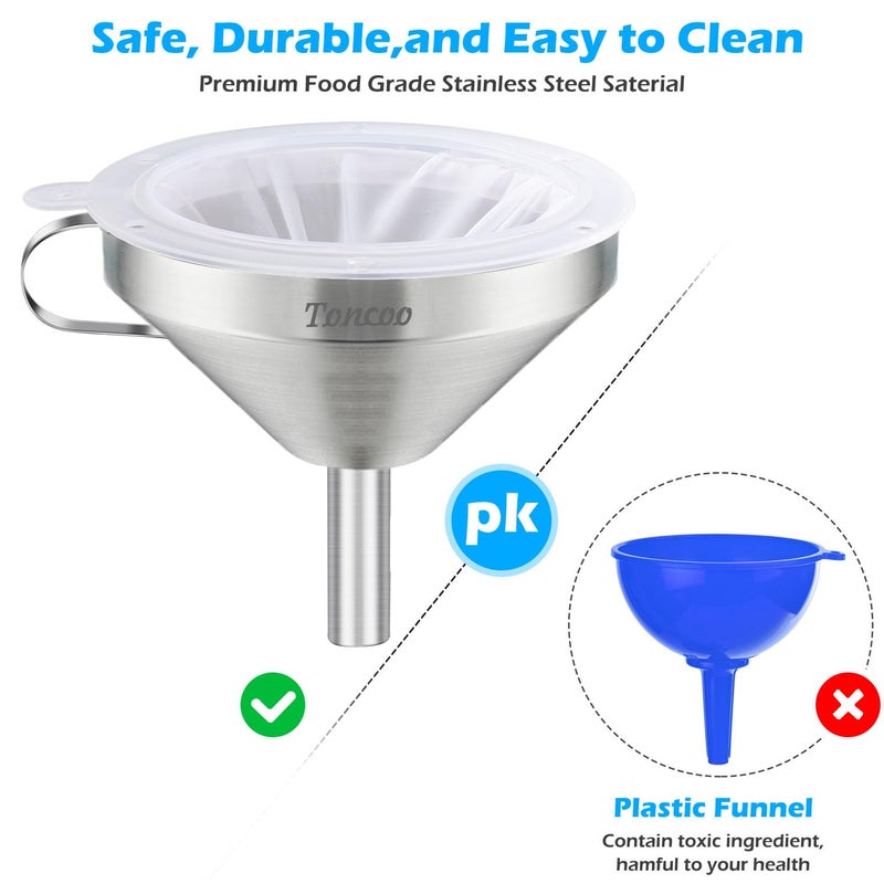 Toncoo 5 Inch Stainless Steel Funnel with Strainer and 200 Fine Mesh Filter, Food Grade Metal Funnel, Cooking Oil Filter, Oil Strainer for Deep Fryer, Milk Strainer, Funnels for Kitchen Use Filling Bottles - Image 4
