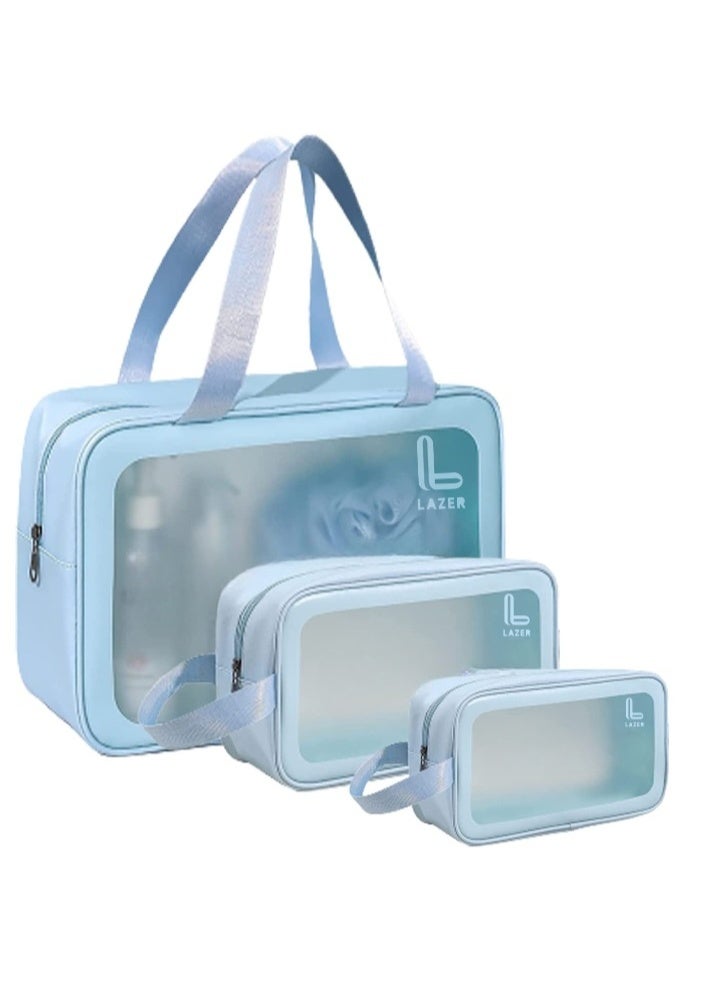 Lazer Premium Makeup Travel Pouch, Cosmetic Bag, Travel kit Pouch for Toiletries, Brushes and Cosmetics - Set of 3 - Washbag Pouch - Blue - Image 1