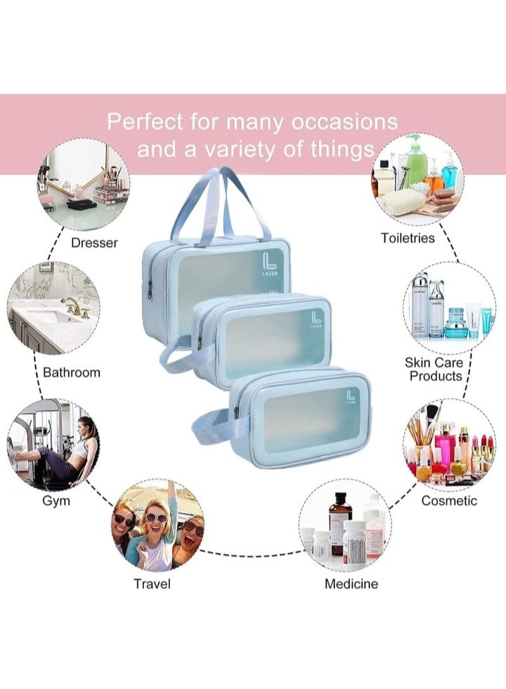 Lazer Premium Makeup Travel Pouch, Cosmetic Bag, Travel kit Pouch for Toiletries, Brushes and Cosmetics - Set of 3 - Washbag Pouch - Blue - Image 2