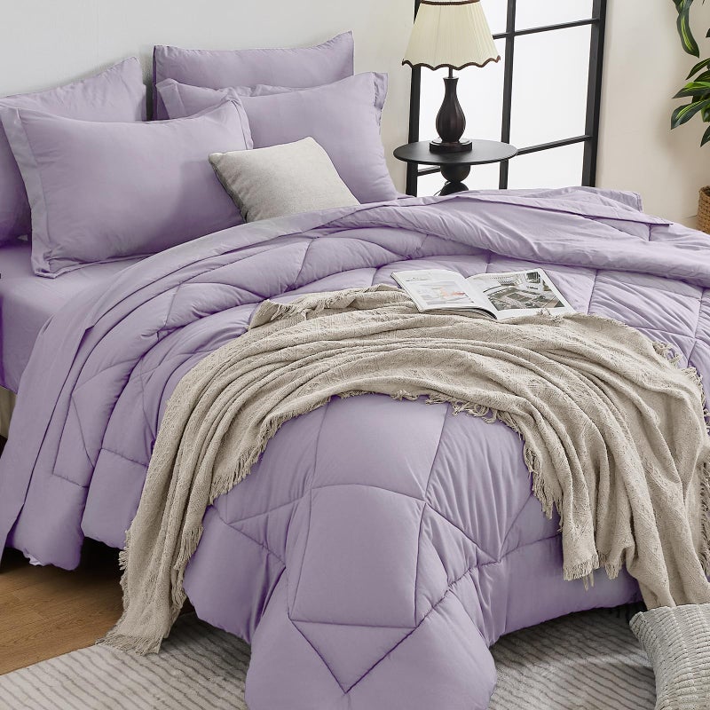 HEVUMYI Queen Purple Comforter Set - 7-Piece All Season Bed in a Bag Queen, Ultra Soft Bedding Set with Comforter, Flat Sheet, Fitted Sheet, Pillowcases, Pillow Shams, Lavender Purple - Image 1