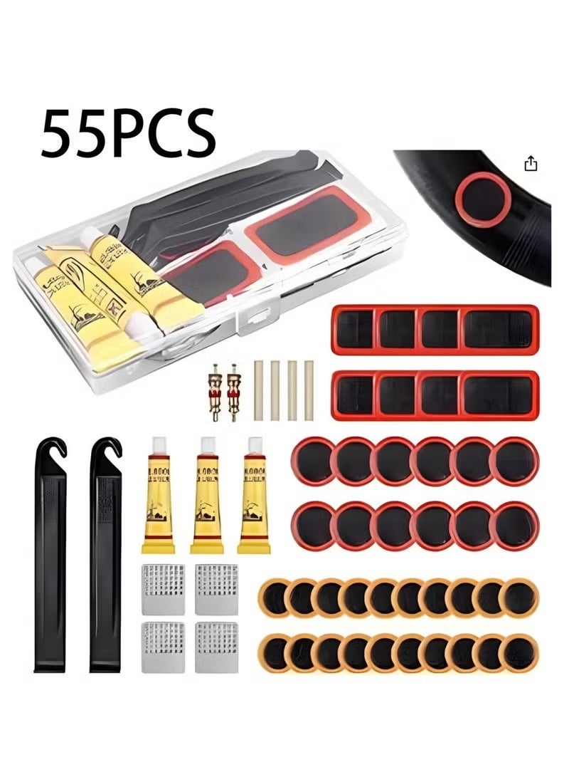 Puncture Bike Tire Repair Kit, 40 pcs Tire Patches and 4pcs Metal Rasps, 3 Tyre sealant，2 Valve，2 Crowbar，4 Rubber tube，Bicycle Tire Repair Kit, Practical Bike Tire Patch Kit Road Bike Tire Patch Tool Easy & Quick Repair for Bicycles(55pcs) - Image 1