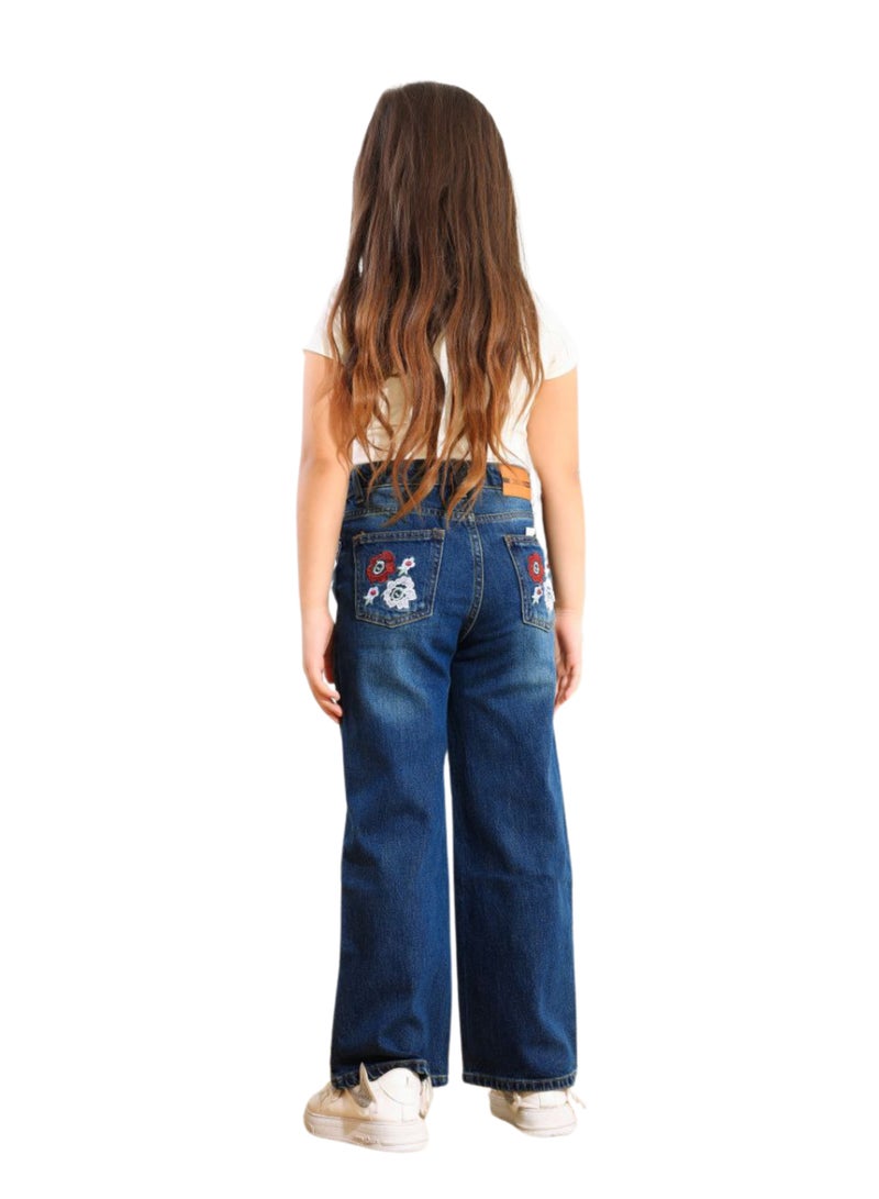 JBS DENIM Girls' navy blue embroidered wide leg jeans  - Image 3