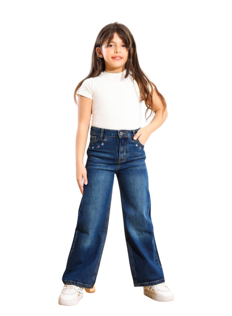 JBS DENIM Girls' navy blue embroidered wide leg jeans  - Image 1