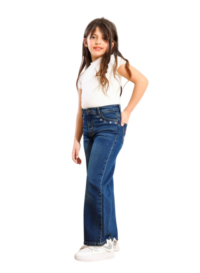 JBS DENIM Girls' navy blue embroidered wide leg jeans  - Image 2