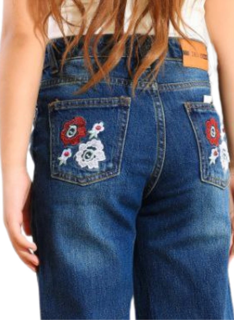 JBS DENIM Girls' navy blue embroidered wide leg jeans  - Image 4