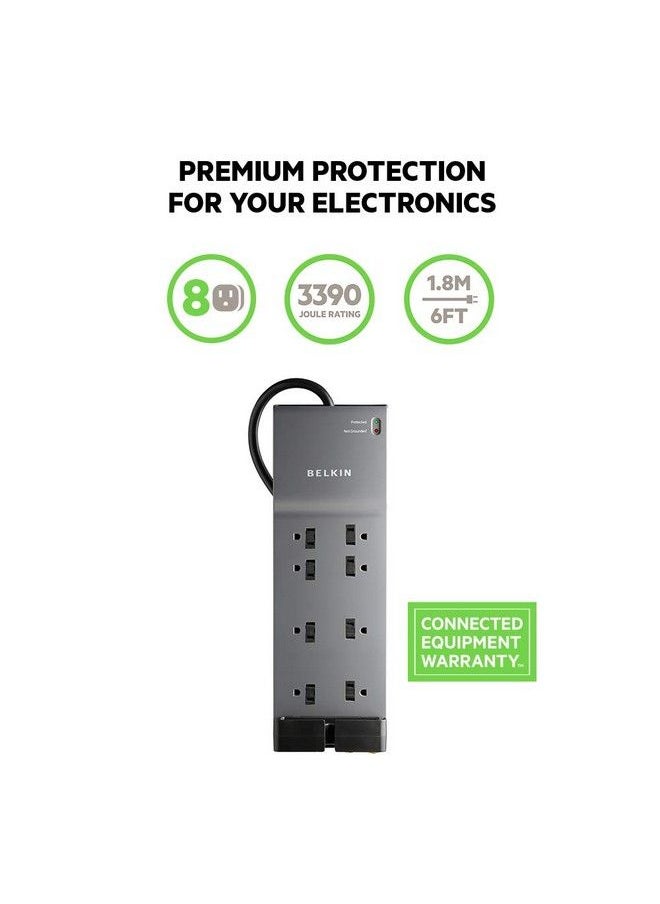 belkin شريط طاقة مزود بـ 8 منافذ بطول 6 أقدام مع سلك تمديد قوي + حماية من الحمل الزائد للمنزل والمكتب والسفر والكمبيوتر المكتبي وشحن الهاتف (3550 جول)  - Image 3