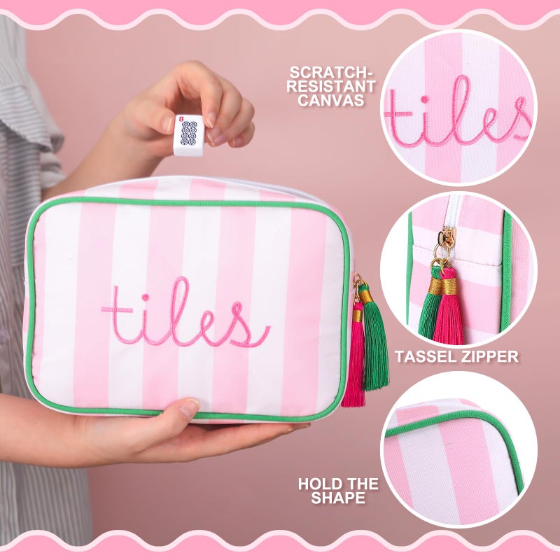 Sanwuta Mahjong Tile Bag with Zipper, Striped Embroidered Mahjong Storage Pouch Mah Jong Bags for Tiles Board Game Pieces Game Party Travel Gatherings Accessories(Pink,Classic) - Image 3
