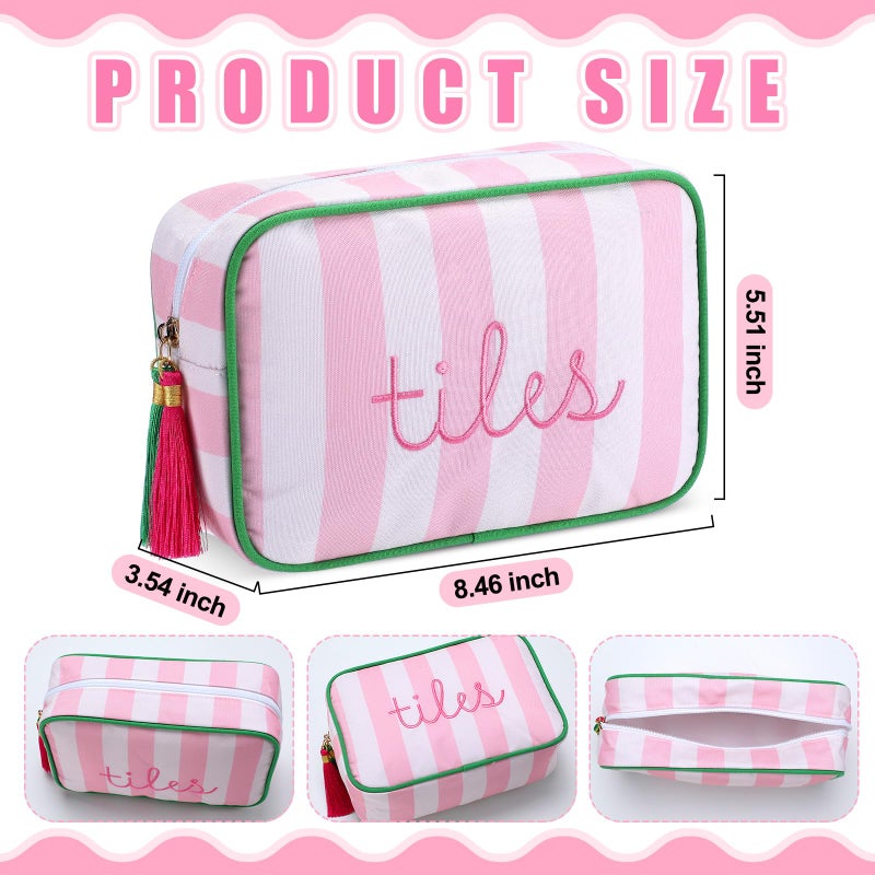 Sanwuta Mahjong Tile Bag with Zipper, Striped Embroidered Mahjong Storage Pouch Mah Jong Bags for Tiles Board Game Pieces Game Party Travel Gatherings Accessories(Pink,Classic) - Image 2