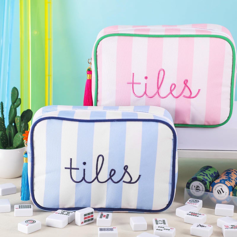 Sanwuta Mahjong Tile Bag with Zipper, Striped Embroidered Mahjong Storage Pouch Mah Jong Bags for Tiles Board Game Pieces Game Party Travel Gatherings Accessories(Pink,Classic) - Image 5