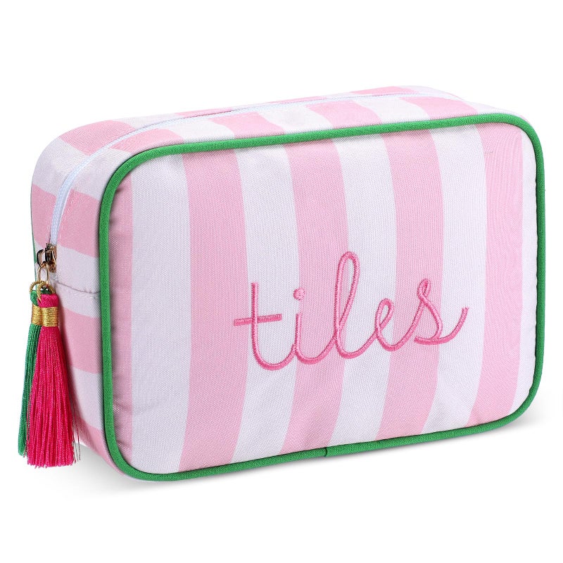 Sanwuta Mahjong Tile Bag with Zipper, Striped Embroidered Mahjong Storage Pouch Mah Jong Bags for Tiles Board Game Pieces Game Party Travel Gatherings Accessories(Pink,Classic) - Image 1