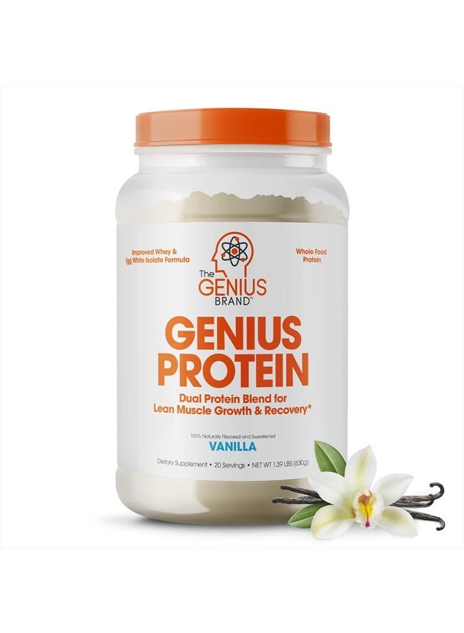 The Genius Brand مسحوق بروتين جينيوس، فانيليا - مزيج بروتين مزدوج مع عزل مصل اللبن المحسن وبياض البيض الطبيعي لبناء العضلات النحيفة للرجال والنساء - مشروب استبدال الوجبات قبل وبعد التمرين من حليب العشب - Image 1