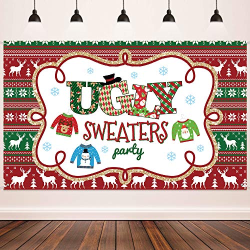 Blulu Christmas Backdrop Ugly Sweater Party Decoration Supplies Extra Large Fabric Red and Green Xmas Patterns Photography Background Winter Elfed Photo Booth Background Banner - Image 1