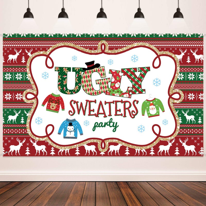 Blulu Christmas Backdrop Ugly Sweater Party Decoration Supplies Extra Large Fabric Red and Green Xmas Patterns Photography Background Winter Elfed Photo Booth Background Banner - Image 3