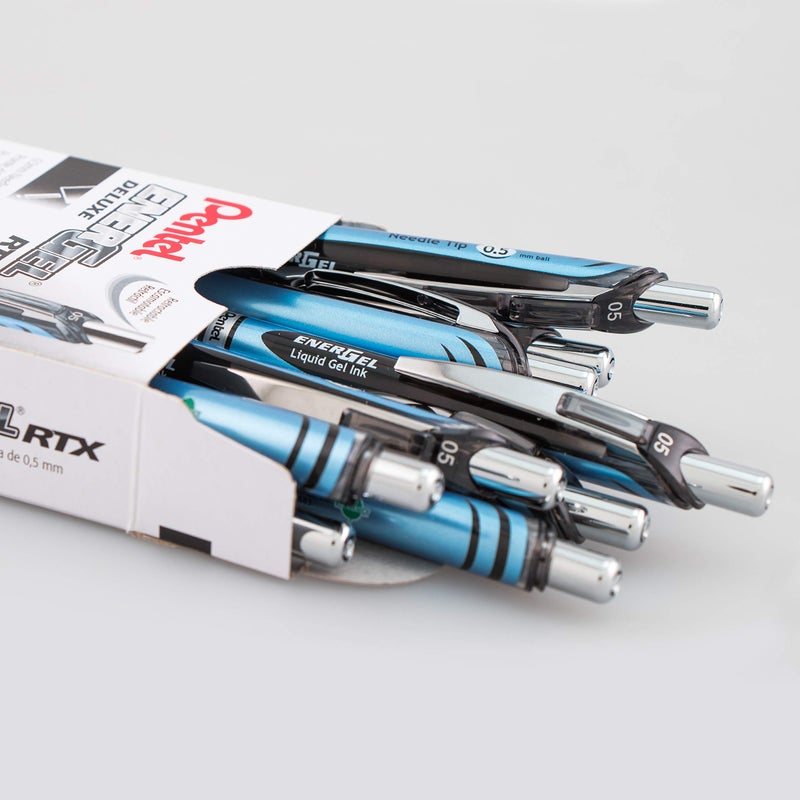 Pentel أقلام جيل سائلة قابلة للسحب من بنتل® إنرجل™ ديلوكس RTX، نقطة رفيعة، 0.5 مم، 54% معاد تدويره، أسطوانة زرقاء، حبر أسود، عبوة من 12 قلم - Image 2