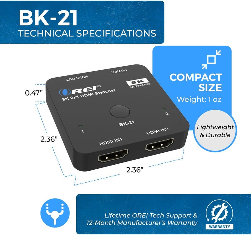OREI 8K 2x1 HDMI Switch 4K @ 120hz, Auto HDMI Selector 48Gbps High Resolution Switch Between 2 Inputs Prefect for Gaming, PS5, Xbox, HDR10, Dolby Vision - Image 4