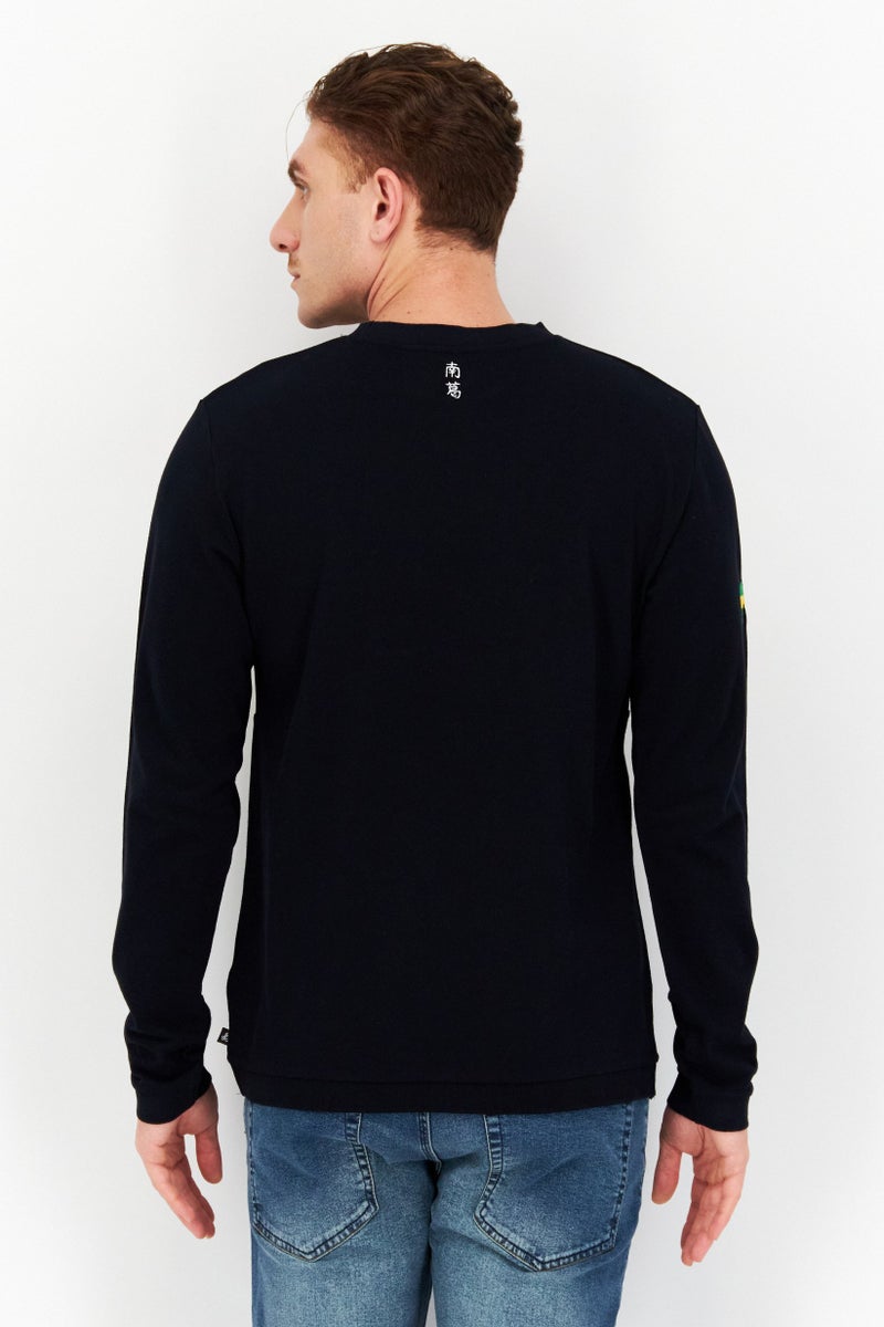 Men Crew Neck Embroidered Captain Tsubasa Sweatshirt, Black Combo